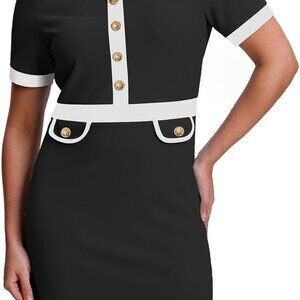 Women's Color Block Short Sleeve Business Dress Crew Neck Bodycon Elegant
